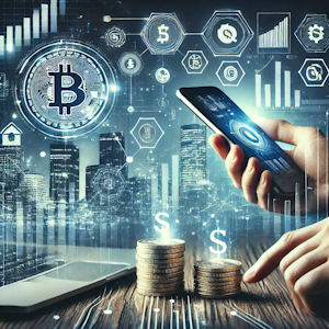 imagem que representa plataformas de investimentos e bancos digitais, mostrando a interseção entre tecnologia e finanças através de dispositivos modernos exibindo gráficos e moedas digitais